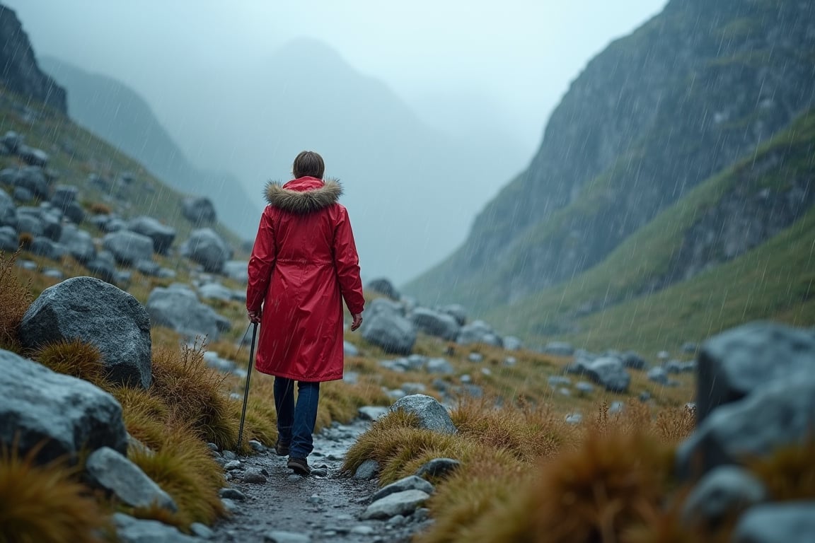 a female hiker in a large long red raincoat is walking through a wide alpine valley covered in boulders in Swedish mountains, it's raining heavily and she is pushing against the rain and strong winds, you can barely see her behind the rain