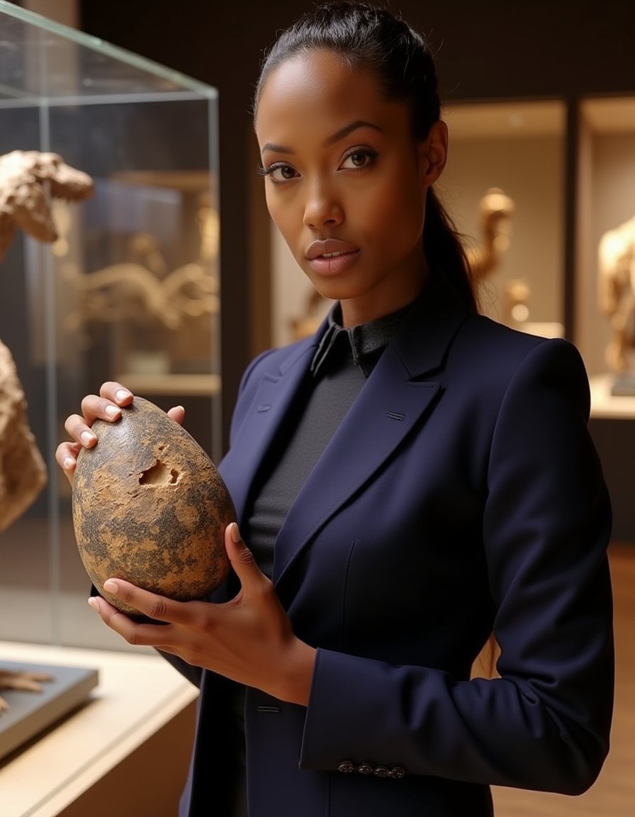 Ebony l4r4cr0ft, exudes professionalism in a sharp navy blue Gucci business suit, standing confidently beside an open glass display case at the Natural History Museum. Her gaze meets the viewer's as she holds a massive fossilized dinosaur egg specimen, her expression a perfect blend of curiosity and fascination. The soft museum lighting casts a warm glow on the surrounding exhibits.