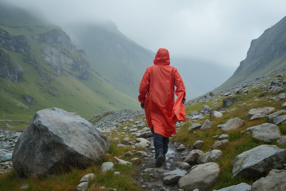 a female hiker in a large long red raincoat is walking through a wide alpine valley covered in boulders in Swedish mountains, it's raining heavily and she is pushing against the rain and strong winds, you can barely see her behind the rain