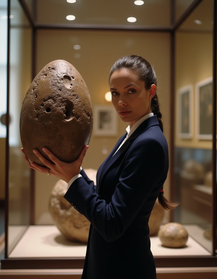 L4r4cr0ft stands confidently in front of a grand glass display case at the Natural History Museum, navy blue Gucci business suit immaculate as she holds a massive, ancient fossilized dinosaur egg specimen aloft. Soft museum lighting casts a warm glow on her face, her eyes locked intensely with the viewer's as if sharing a profound discovery.