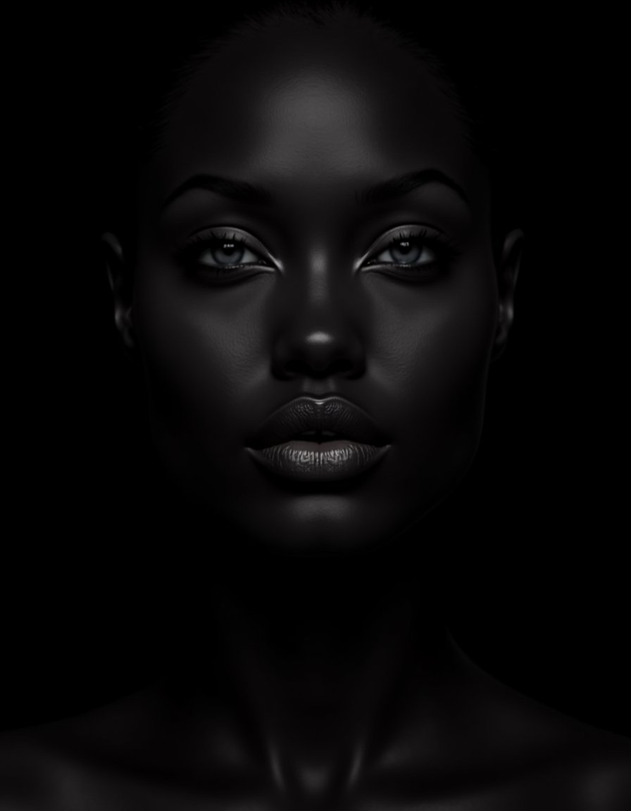 l4r4cr0ft, A majestic portrait of Ebony, set against a dark background, with l4r4cr0ft's intricate details woven throughout her features. Her smooth ebony skin is rendered in high definition, showcasing the subtle contours and crevices of her face. The lighting is dim, emphasizing the depth of her eyes and the delicate curves of her lips.