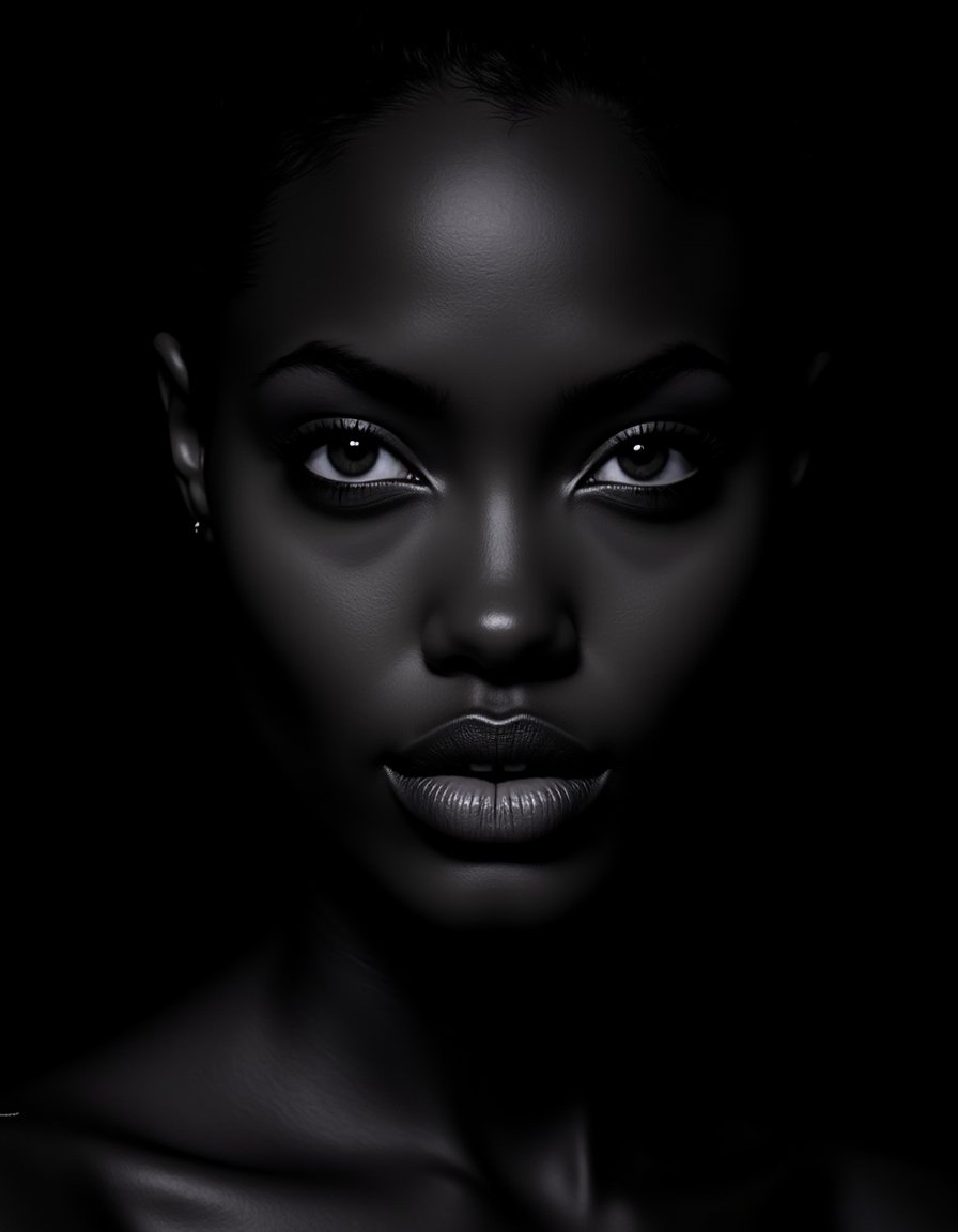 l4r4cr0ft, A majestic portrait of Ebony, set against a dark background, with l4r4cr0ft's intricate details woven throughout her features. Her smooth ebony skin is rendered in high definition, showcasing the subtle contours and crevices of her face. The lighting is dim, emphasizing the depth of her eyes and the delicate curves of her lips.