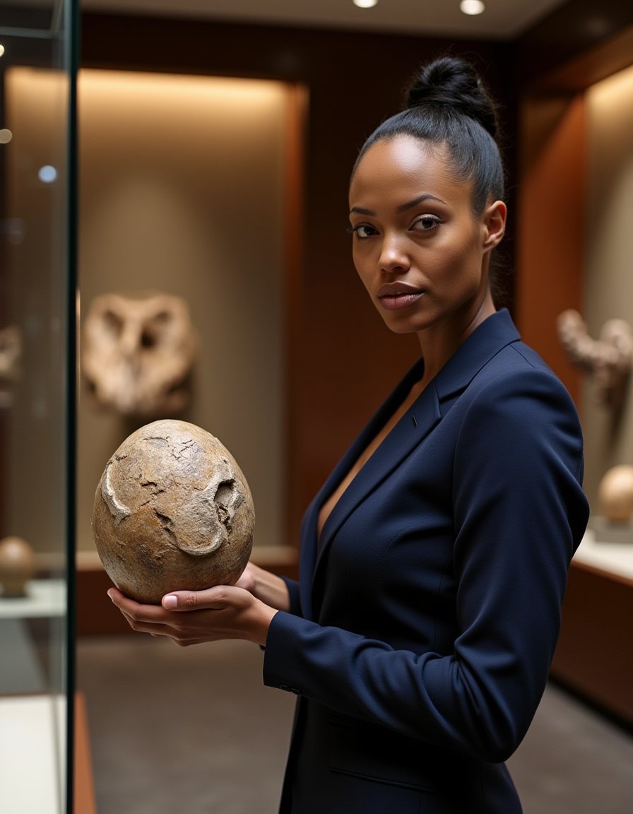 Ebony l4r4cr0ft, exudes professionalism in a sharp navy blue Gucci business suit, standing confidently beside an open glass display case at the Natural History Museum. Her gaze meets the viewer's as she holds a massive fossilized dinosaur egg specimen, her expression a perfect blend of curiosity and fascination. The soft museum lighting casts a warm glow on the surrounding exhibits.