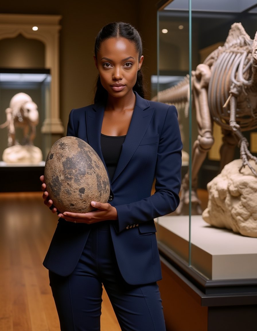 Ebony l4r4cr0ft, exudes professionalism in a sharp navy blue Gucci business suit, standing confidently beside an open glass display case at the Natural History Museum. Her gaze meets the viewer's as she holds a massive fossilized dinosaur egg specimen, her expression a perfect blend of curiosity and fascination. The soft museum lighting casts a warm glow on the surrounding exhibits.