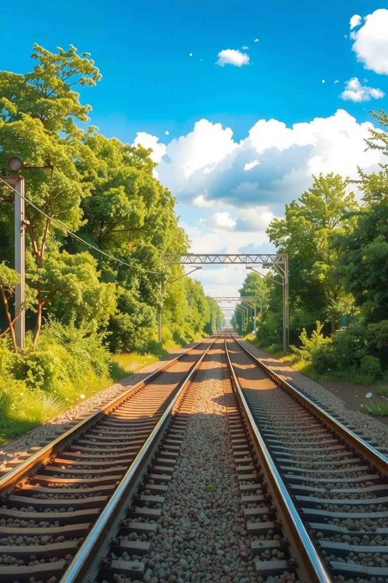 Ultra-clear photography documentary style,Ultra-clear realistic photography style,The scene shows train tracks flanked by lush trees on both sides, bathed in bright sunlight. The blue sky, with a few scattered white clouds, adds a vibrant and clear atmosphere to the image. The green trees and bright lighting enhance the fresh and lively feel of the surroundings. The railway area is filled with natural vitality, and the clear daylight scene exudes warmth and tranquility.