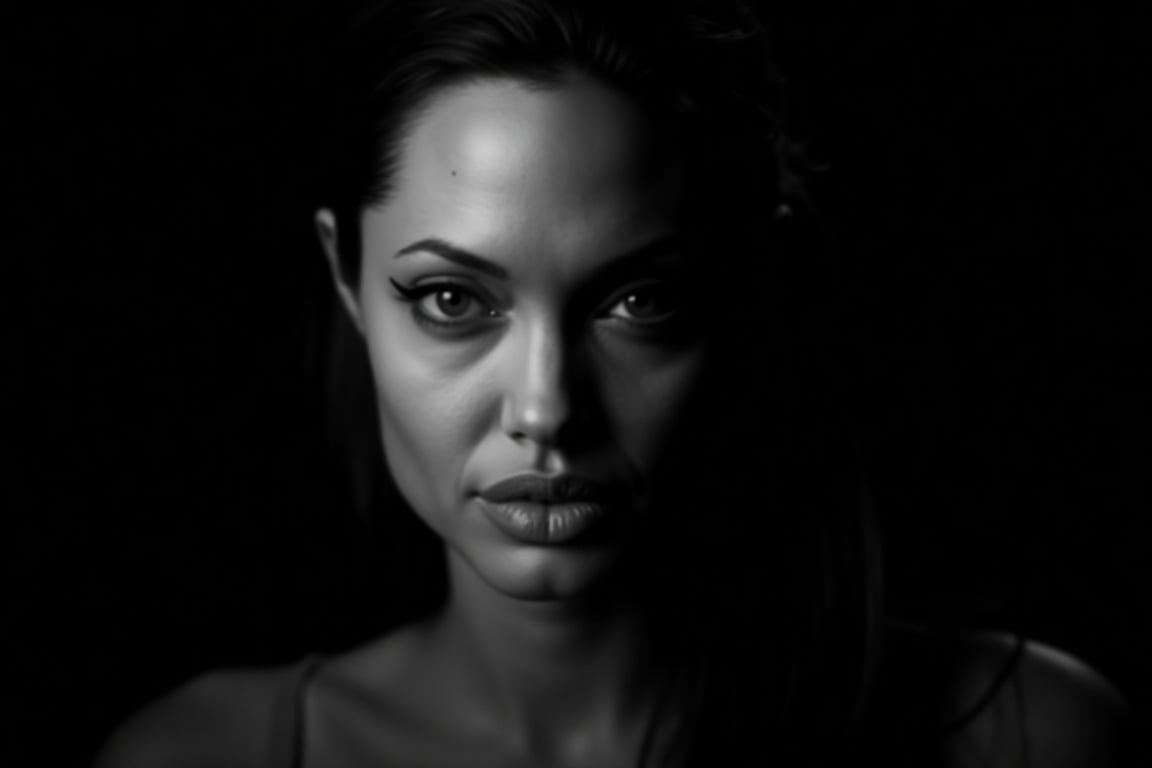 Black and white portrait of Angelina Jolie, dark background, shadow play, soft lighting, cinematic style