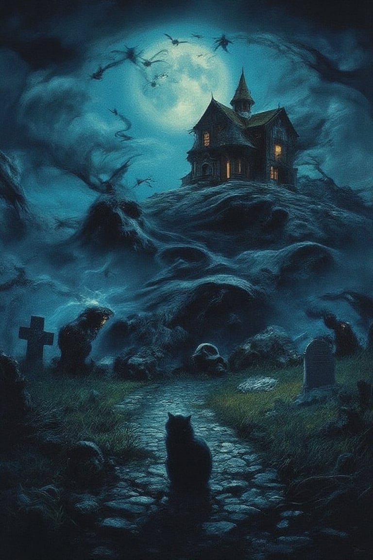 a haunted house on top of a hill surrounded by bats and ravens, the full moon shines behind the old house, shapes lurking in the shadows, gravestones in the field, a black cat standing in the pathway.
vintage, horror, texture, halloween, haunted, magical, light particles, DarkAura