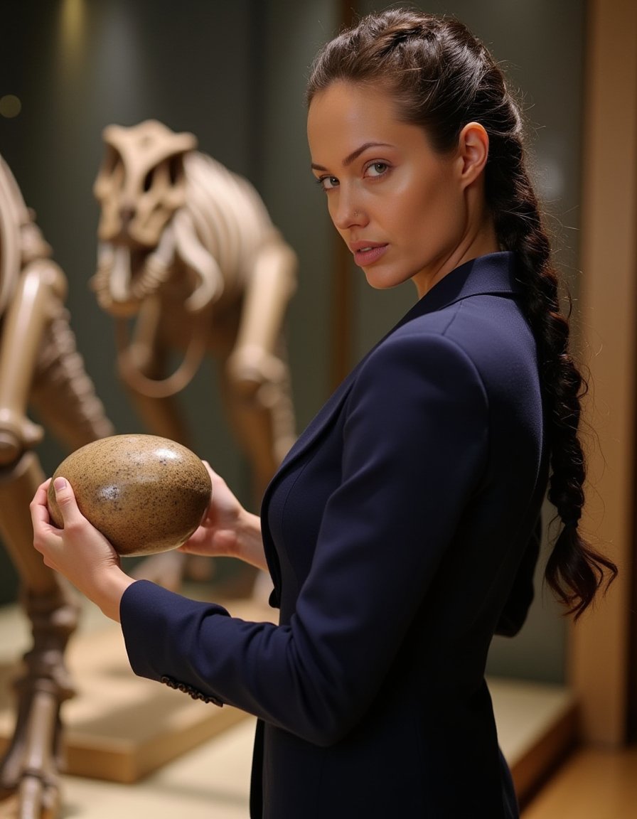 l4r4cr0ft, wears an impeccable navy blue Gucci business suit. She stands before a open glass display case at the Natural History Museum, holding a ancient large fosilized dinosaur egg specimen in her hand while looking at the viewer. 