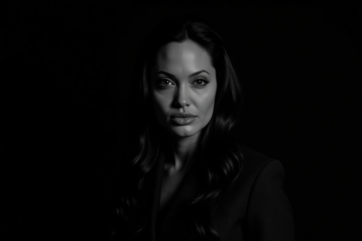 Black and white portrait of Angelina Jolie, dark background, shadow play, soft lighting, cinematic style