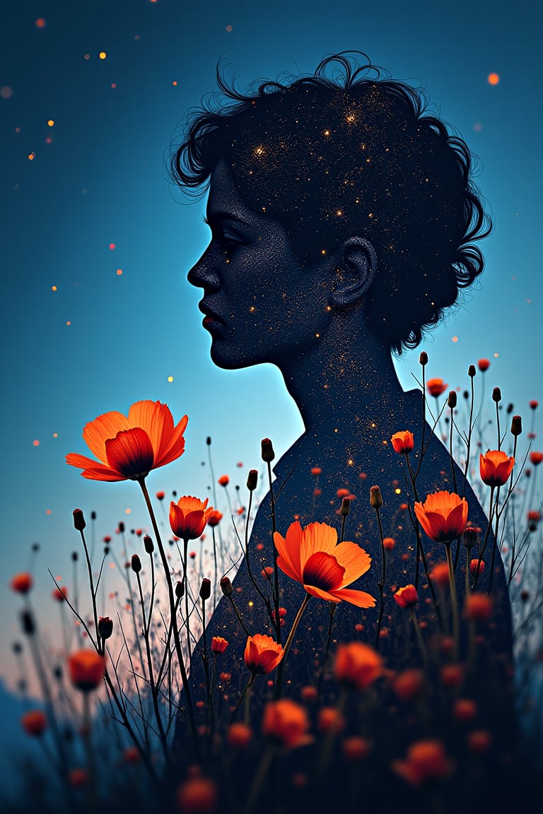 high quality, 8k ultra-high definition, beautiful double exposure, silhouettes of the night sky combined with flowers, details melt into the night sky, clear lines, background monochrome, sharp focus, double exposure, great full color, portrait, little flower, traditional color ink painting style, moody, daria petrelli