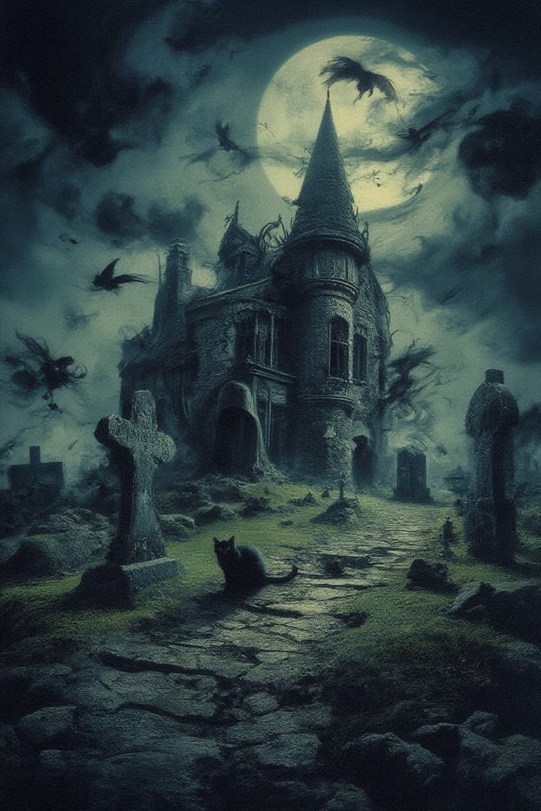 A hauntingly vintage scene unfolds on a hilltop, where a decrepit mansion stands sentinel beneath a canopy of fluttering bats and ravens. The full moon casts an eerie glow from behind the creaking roof, as dark shapes lurk in the shadows like sentinels. Weathered gravestones scatter the overgrown field, while a black cat perches like a guardian at the pathway's edge. The atmosphere is heavy with DarkAura and an otherworldly energy, illuminated by dancing light particles that seem to pulse with the rhythm of the macabre.