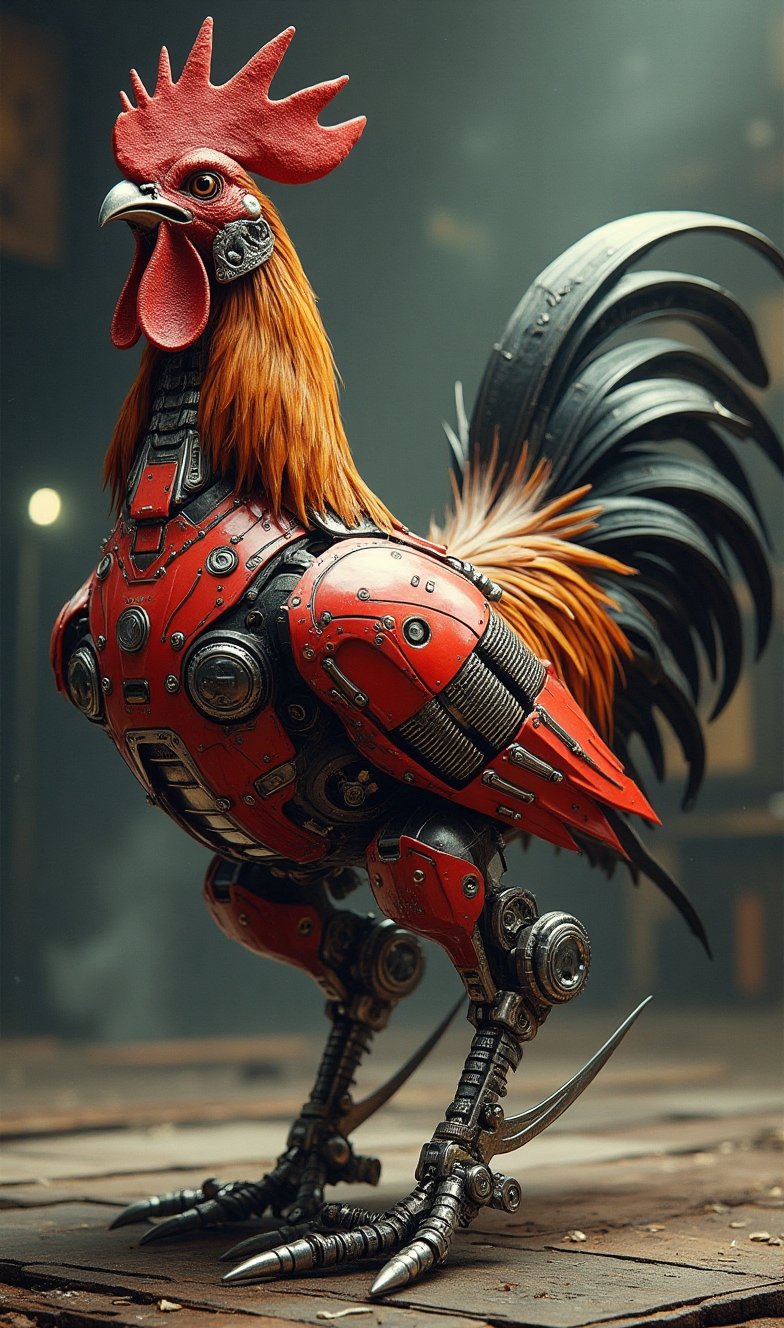 modern technology era focus on a chicken robot that is crowing in the morning the chicken is made to replace the rooster for fighting purposes red and chicken spurs on the leg is very sharp, the construction is made of stainless steel, resistant to breaking and bending, on the wing on one side there is a sentence "fearless" written beautifully.,pirateskullXthejaa