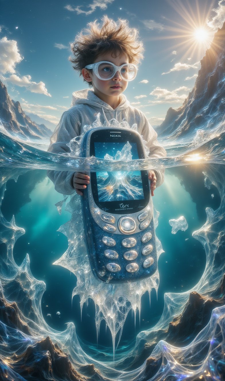 A fascinating 3D illustration of a Nokia 3310 phone, buried in an iceberg for decades, discovered by a young scientist wearing large white glasses. The phone, a relic of the past, is decorated with an intricate iceberg scene in morning sunlight. The blurred background shows an icy landscape, while the watermark reads "perigi buta" in a unique, squiggly tentacle-style font. The overall composition is a delightful blend of nostalgia, adventure, and artistic flair.