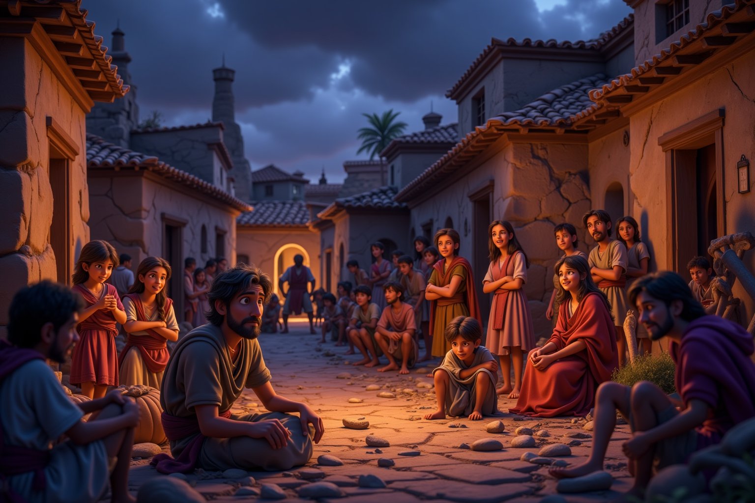 Style: Disney cartoon style, 8k, realistic lighting and shadows, vibrant colors, cinematic background, Pixar-like rendering style.
A dramatic scene showing the Israelites in a state of extreme hardship and despair. The people are depicted in a crowded village with crumbling, mud-brick homes, broken fences, and scattered debris in the streets. The atmosphere is tense, with men and women looking exhausted, their faces marked by the pain of hunger and suffering. Some are huddled together, while others sit alone, hopelessly staring into the distance. Children with tattered clothing cling to their mothers, their eyes filled with fear.

A group of thieves can be seen in the background, violently looting a house, while helpless villagers watch, too weak or afraid to intervene. The sky is overcast, with dark clouds looming, adding to the oppressive mood. The lighting is dim and shadowy, as if the entire scene is engulfed in sorrow and turmoil. The camera captures the moment from a low, wide angle, focusing on the despair and chaos among the Israelites, emphasizing their need for salvation.