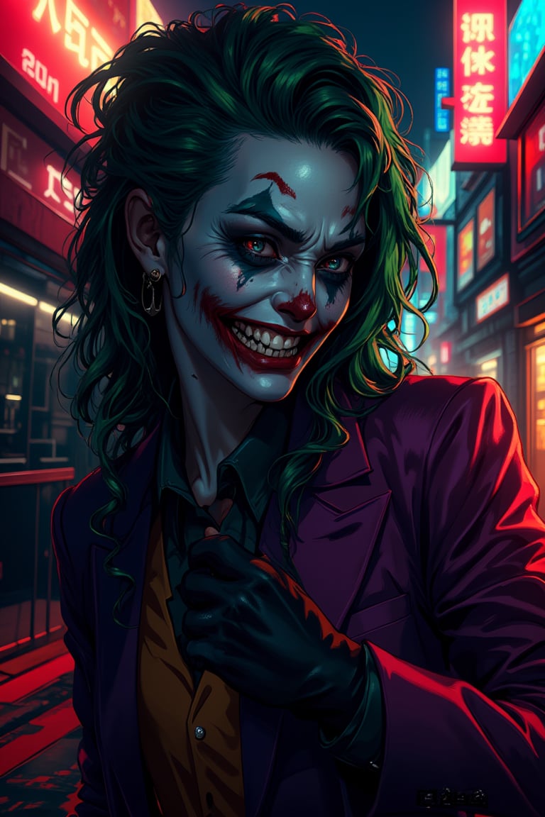 Art of a joker Joker's twisted grin wearing her makeup face, joker face makeup, purple her suit, black glove, red smoke, her green messy long hairstyle, serious badas pose, dark night, neon light city, cyberpunk realistic city background 