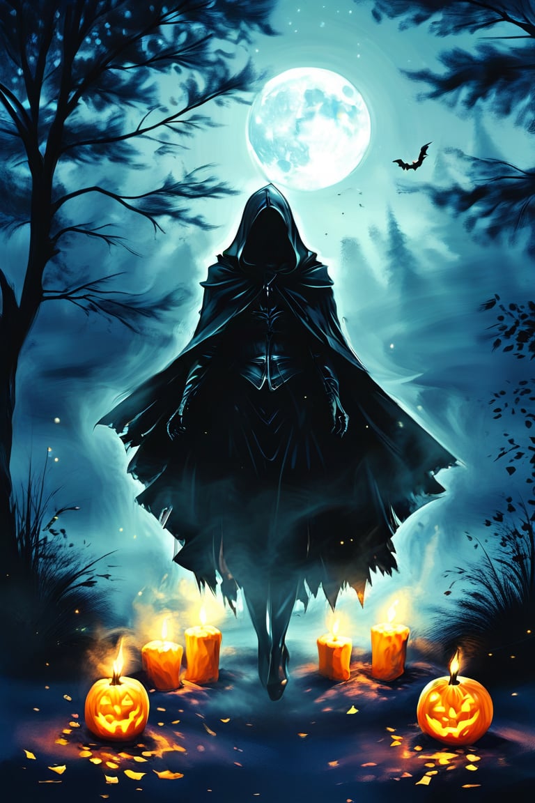 full moon, night, fog, trees, halloween pumpkins, scattered candles, haunted house in the background, woman with cape, hood, pale, black gloves