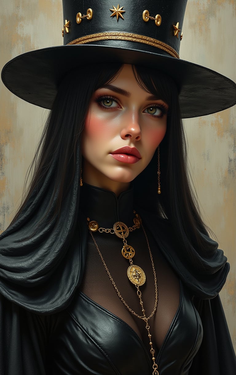 painting, futuristic cyberpunk sensual female priest wearing a hat, perfect background, cute, stunning, fine detail, intense, highly intricate, located artistic, shiny, fine polished, holy, beautiful elegant, deep rich colors