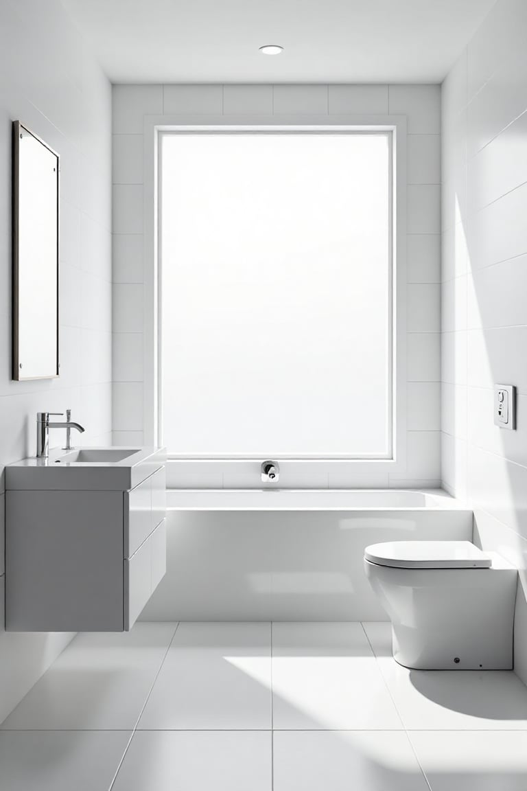 A minimalist-style bathroom interior, featuring a white color scheme with clean lines and simple shapes. The scene is framed to show a spacious, uncluttered space with a large, white bathtub centered under a wide window, allowing natural light to illuminate the room. The composition includes a sleek, white vanity with a single sink and a small, rectangular mirror above it, paired with a white toilet in the corner. The walls and floor are finished in smooth, white tiles, creating a cohesive and serene atmosphere.