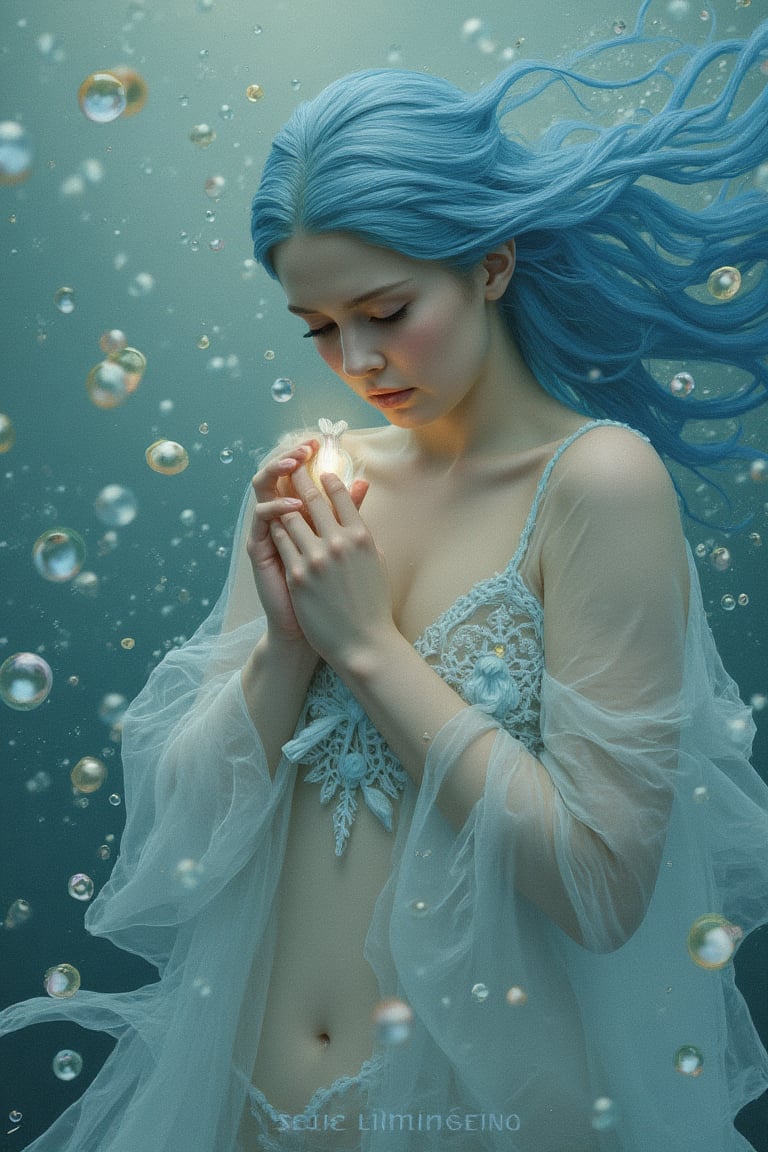 A serene and ethereal female figure with flowing blue hair that merges with the surrounding environment. She has closed her eyes and holds a delicate glowing object near her heart. The background is filled with bubbles, some of which are translucent and others shiny, giving an impression of underwater depth. The color palette is dominated by soft blues, whites, and hints of gold, creating a dreamy and magical atmosphere.burlesque,shabby chic,,fine art,epic,Boho gypsy, marquise,duchesse,dark fantasy,