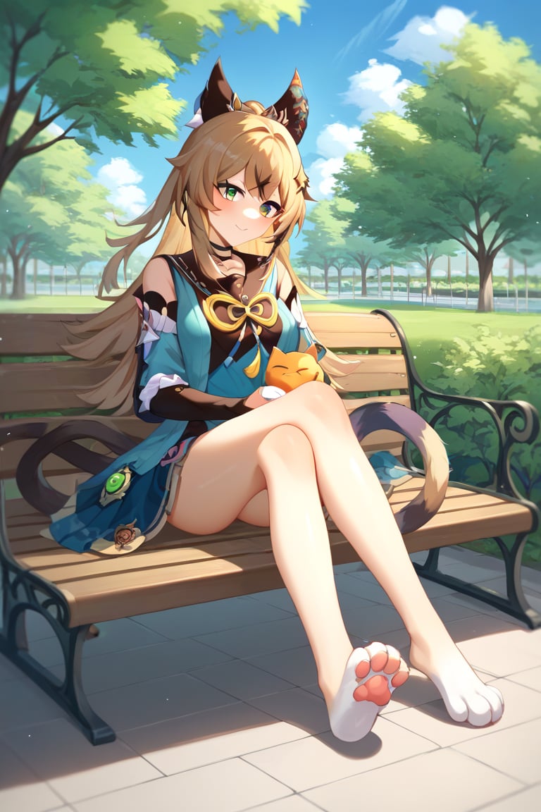 Highly detailed, High Quality, Masterpiece, beautiful, kirara /(genshin impact/),Highly detailed cat legs (((nekopata))), full body, facing viewer, calico_cat double tail, park, day, casual clothing, score_9, score_8_up, score_7_up, source_anime, sitting on park bench, paws extended towards user , legs unpreg, see user