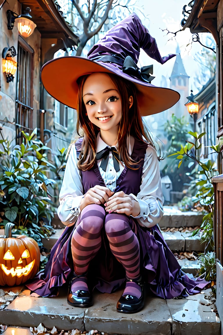 score_9, score_8_up, score_7_up, source_anime, takagi san , rating_safe, smiling girl in a Halloween dress and a witch hat  sitting on the wooden stairs with jack-o-lanterns around it, hat with pumpkin mascots, cute dress, puffy long sleeves, yellow and purple striped tights, jack-o'-lantern, halloween, candy, sitting, pumpkin, moon, pantyhose, outdoors, night, sfw,