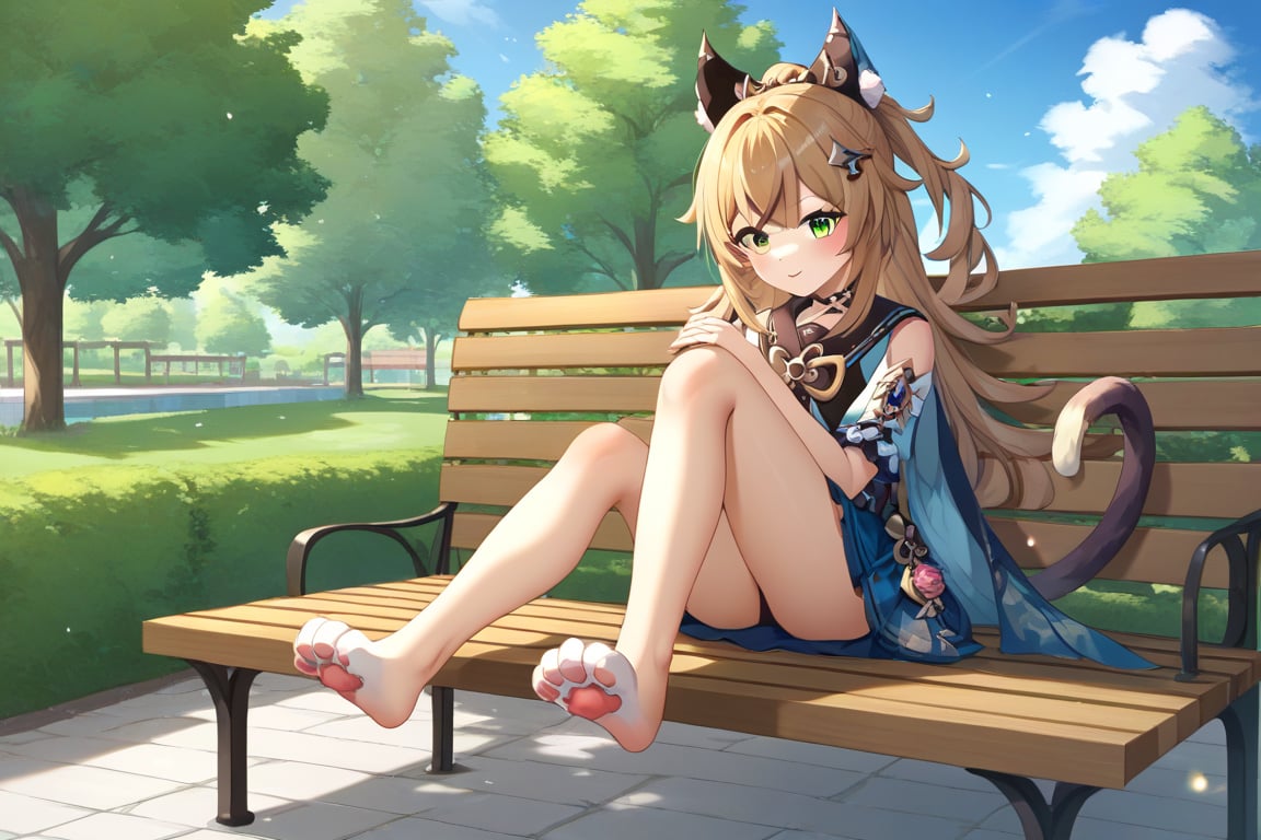 Highly detailed, High Quality, Masterpiece, beautiful, kirara /(genshin impact/),cat legs (((nekopata))), full body, facing viewer, calico_cat double tail, park, day, casual clothing, score_9, score_8_up, score_7_up, source_anime, sitting on park bench, paws extended towards user , legs unpreg, see user