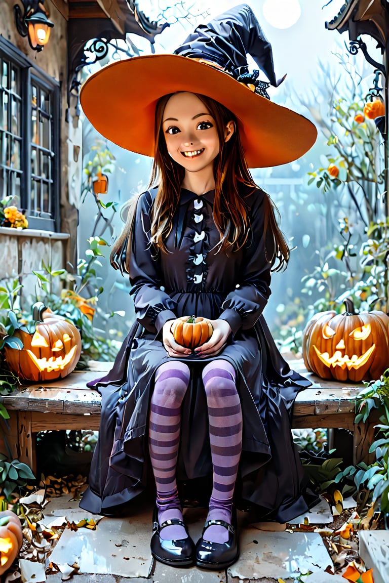 score_9, score_8_up, score_7_up, source_anime, takagi san , rating_safe, smiling girl in a Halloween dress and a witch hat  sitting on the wooden stairs with jack-o-lanterns around it, hat with pumpkin mascots, cute dress, puffy long sleeves, yellow and purple striped tights, jack-o'-lantern, halloween, candy, sitting, pumpkin, moon, pantyhose, outdoors, night, sfw,