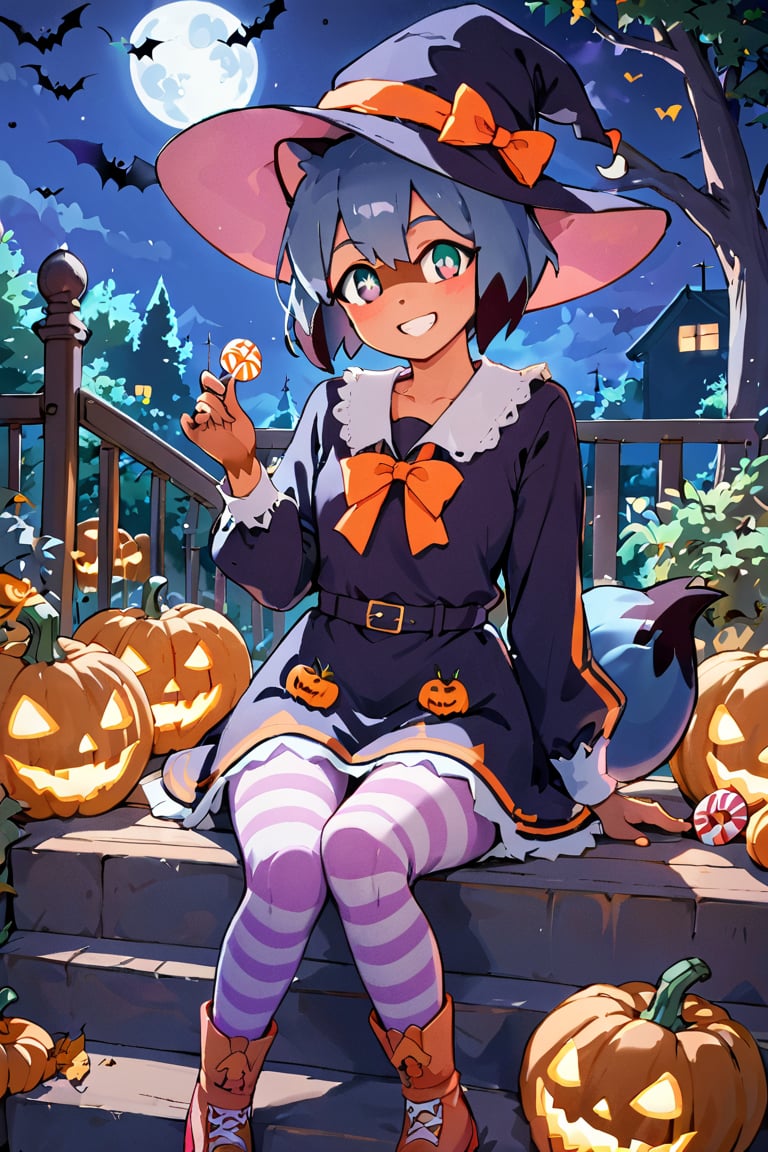 score_9, score_8_up, score_7_up, source_anime, michiru , rating_safe, smiling girl in a Halloween dress and a witch hat  sitting on the wooden stairs with jack-o-lanterns around it, hat with pumpkin mascots, cute dress, puffy long sleeves, yellow and purple striped tights, jack-o'-lantern, halloween, candy, sitting, pumpkin, moon, pantyhose, outdoors, night, sfw,