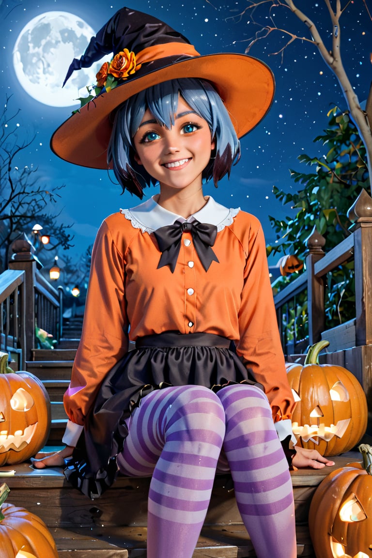 score_9, score_8_up, score_7_up, source_anime, michiru , rating_safe, smiling girl in a Halloween dress and a witch hat  sitting on the wooden stairs with jack-o-lanterns around it, hat with pumpkin mascots, cute dress, puffy long sleeves, yellow and purple striped tights, jack-o'-lantern, halloween, candy, sitting, pumpkin, moon, pantyhose, outdoors, night, sfw,