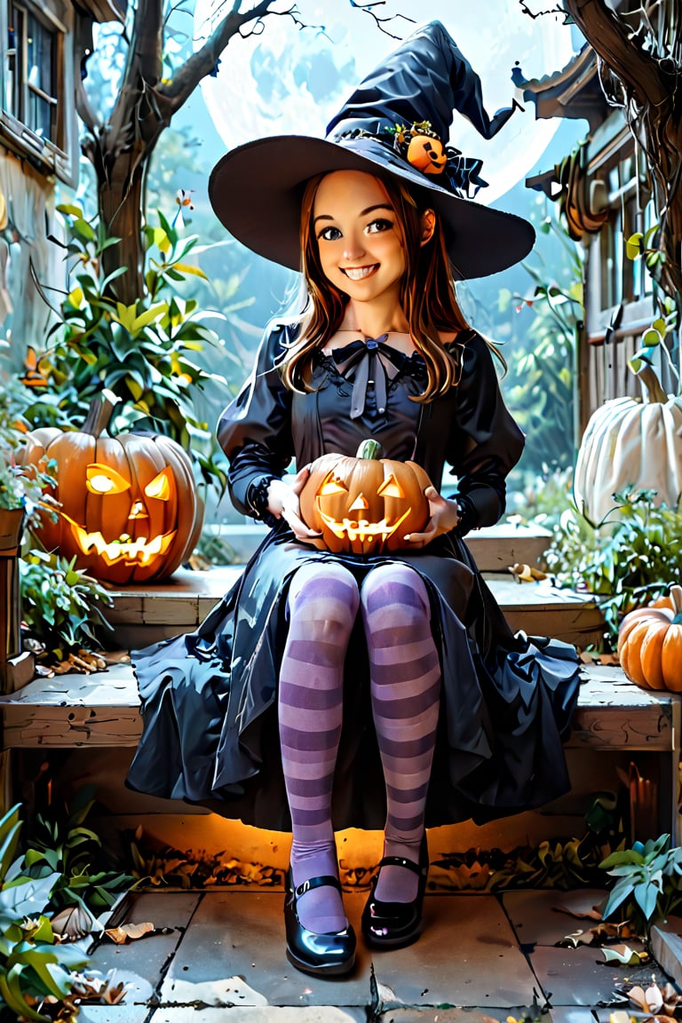 score_9, score_8_up, score_7_up, source_anime, takagi san , rating_safe, smiling girl in a Halloween dress half naked and a witch hat  sitting on the wooden stairs with jack-o-lanterns around it, hat with pumpkin mascots, cute dress, puffy long sleeves, yellow and purple striped tights, jack-o'-lantern, halloween, candy, sitting, pumpkin, moon, pantyhose, outdoors, night, sfw,