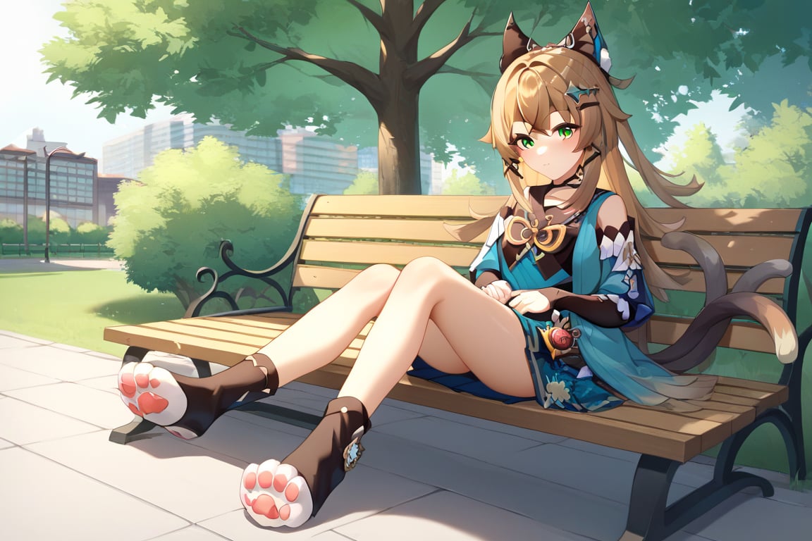 Highly detailed, High Quality, Masterpiece, beautiful, kirara /(genshin impact/),cat legs (((nekopata))), full body, facing viewer, calico_cat double tail, park, day, casual clothing, score_9, score_8_up, score_7_up, source_anime, sitting on park bench, paws extended towards user , legs unpreg, see user