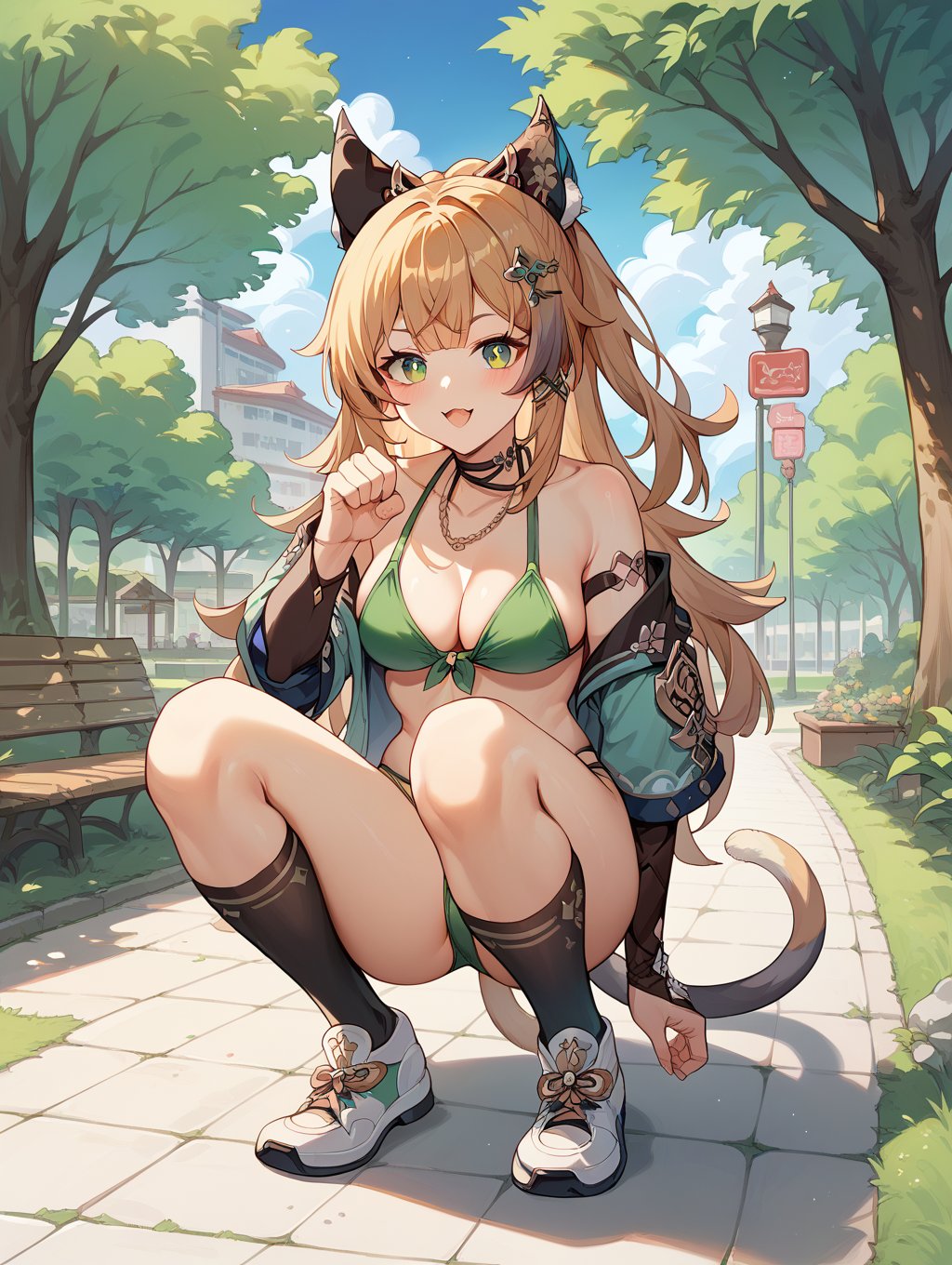 kirara /(genshin impact/),eager pet pose, high_resolution, :D, full body, facing_viewer, calico_cat tail, park, day, green micro_bikini ,score_9, score_8_up, score_7_up, source_anime,