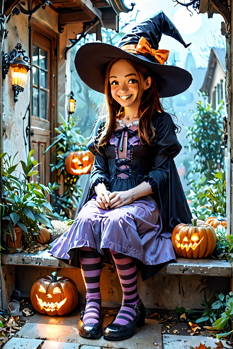 score_9, score_8_up, score_7_up, source_anime, takagi san , rating_safe, smiling girl in a Halloween dress half naked and a witch hat  sitting on the wooden stairs with jack-o-lanterns around it, hat with pumpkin mascots, cute dress, puffy long sleeves, yellow and purple striped tights, jack-o'-lantern, halloween, candy, sitting, pumpkin, moon, pantyhose, outdoors, night, sfw,