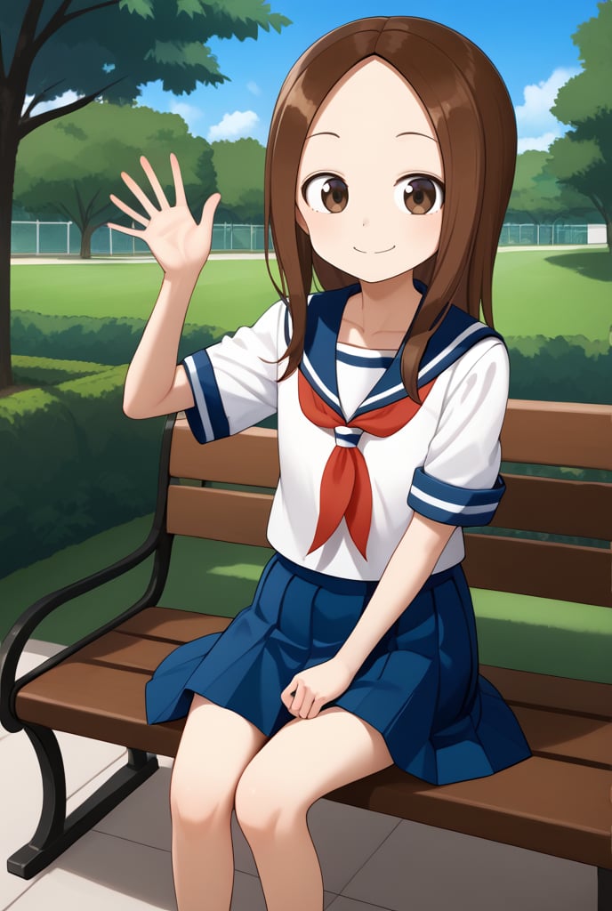 1girl, source_anime, aatakagi, solo, long hair, brown hair, parted bangs, collarbone, serafuku, sailor collar, red neckerchief, white shirt, short sleeves, blue skirt, sitting, waving, smile, bench, outdoors, park,  lifts her skirt while sitting with her legs slightly open, revealing a tiny pants

