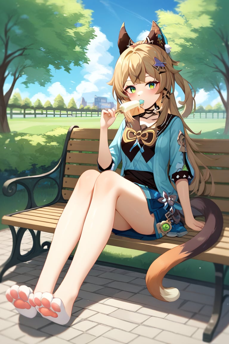 Highly detailed, High Quality, Masterpiece, beautiful, kirara /(genshin impact/),Highly detailed cat legs (((nekopata))), full body, facing viewer, calico_cat double tail, park, day, casual clothing, score_9, score_8_up, score_7_up, source_anime, sitting on park bench, paws extended towards user , legs unpreg, see user.eating ice cream