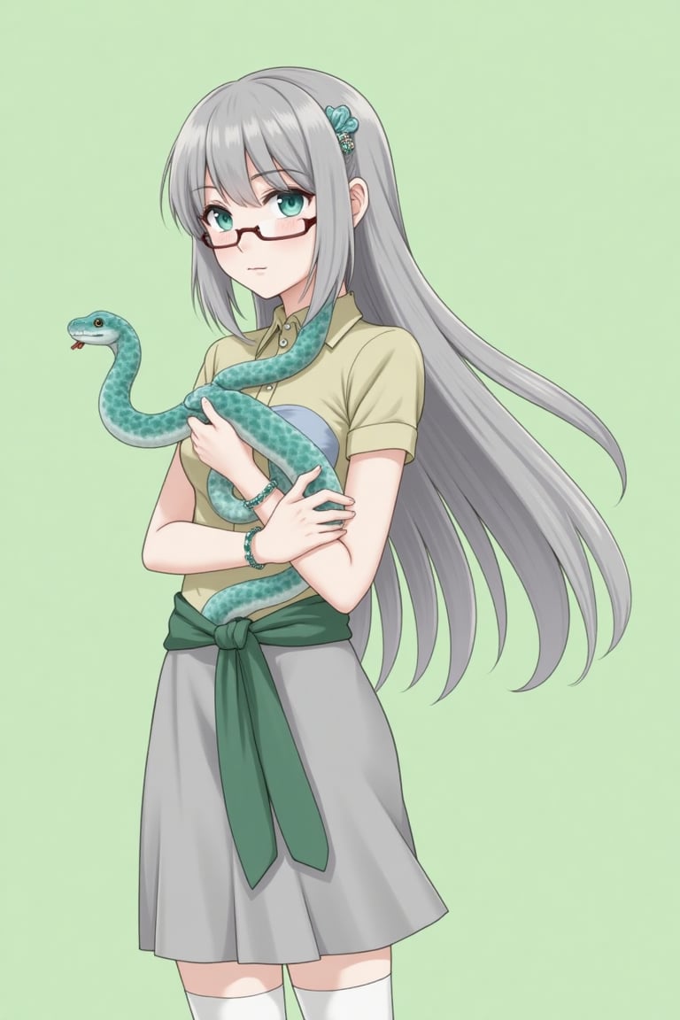 masterpiece,bestquality,1girl,glasses,snake,(novel:1),gloves,bracelet,gray_skirt,sarong,upperbody,kbxll:0.6)(light green background),(kbxll:0.6),(kbxll:0.6),(white_stockings:1.2)