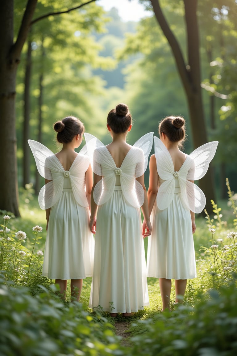 ,group picture,lineup,harem,3girls,best quality,masterpiece,,white dress,wings,fairy,nature,brunette,forest,fairy wings,reality,tree,hairpiece,bun,flowers,, best quality,masterpiece,(photorealistic:1.4),