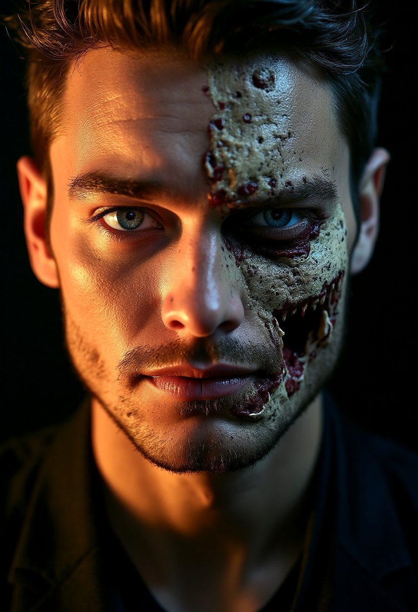 An extreme close-up portrait of a man's face sharply divided into two distinct halves. The left side of his face features a handsome, confident man with striking blue eyes, light stubble, and smooth, youthful skin, glowing under warm, flattering light. This side represents a polished, idealized public persona—symbolizing control, charm, and outward perfection. In stark contrast, the right side is grotesquely disfigured with deep scars, seeping wounds, rough, weathered skin, and twisted, monstrous features, with unsettling textures and distortions. The right side is even darker now, with deeper shadows and more ominous tones to further exaggerate the difference. The contrast between the two sides is heightened by even brighter, more flattering light on the left and deeper, more sinister shadows on the right. The lighting amplifies the difference, casting a dark, monstrous atmosphere on the right while keeping the left side polished and glowing. The background remains dark and minimalist to focus on the face. DonM3l3m3nt4lFX