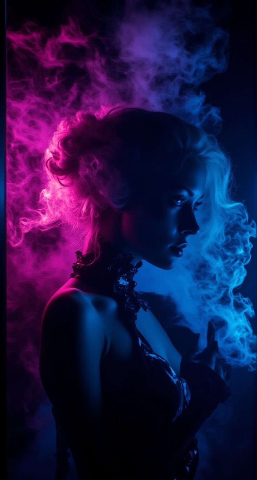 A mesmerizing scene unfolds: in a dimly lit, abandoned factory, a phantasmagorical woman's silhouette rises against a backdrop of black smoke layers on white, bathed in vibrant neon hues casting an eerie glow. Medium shot frames her face-centered portrait, with wisps of smoke curling around her hair and shoulders. Neon light illuminates her features, while black smoke adds depth and mystery. Her gaze is cast downward, lost in thought or contemplating a dark secret.