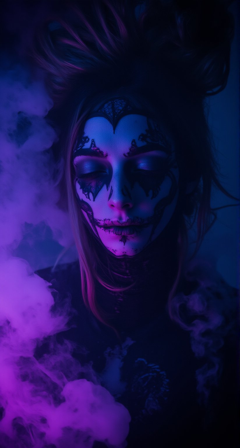 A mesmerizing scene unfolds: in a dimly lit, abandoned factory, a phantasmagorical woman's silhouette rises against a backdrop of black smoke layers on white, bathed in vibrant neon hues casting an eerie glow. Medium shot frames her face-centered portrait, with wisps of smoke curling around her hair and shoulders. Neon light illuminates her features, while black smoke adds depth and mystery. Her gaze is cast downward, lost in thought or contemplating a dark secret.