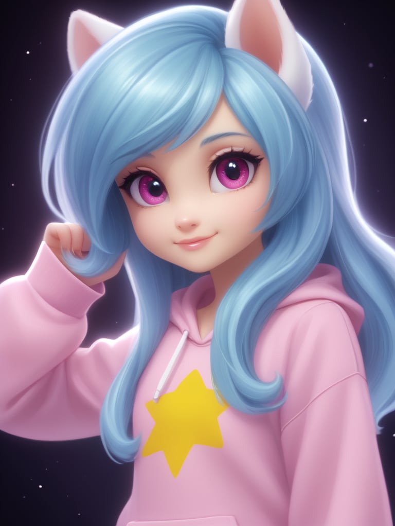 extreme detail, dynamic lighting, realistic, surreal, complex, 8k wallpaper, ultra 8k, stunning quality, defined features,
cute and adorable, detailed face, detailed eyes,
cute,

(Solo), female, ((anthro, pony)), long hair, Lemon Heart_(mlp), Moderate cerulean blue hair, light cerulean blue hair highlight, Light brilliant yellow skin, Moderate raspberry pink eyes,
(baggy sweatshirt), tiny tongue, (wink), peace sign, shortstack,

nighttime, stars, galaxy, fluffy clouds,

view from below, looking at viewer, head tilt,
((headshot, closeup on face):1.2),