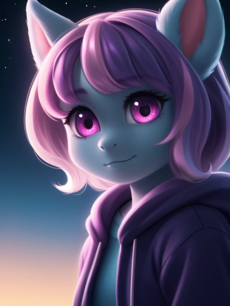 extreme detail, dynamic lighting, realistic, surreal, complex, 8k wallpaper, ultra 8k, stunning quality, defined features,
cute and adorable, detailed face, detailed eyes,
cute,

(Solo), (anthro, pony), Sunny Flare_(mlp), Moderate cerise eyes, Grayish mulberry hair, (light raspberry highlights), Light turquoisish gray skin, Dark Indigo EyeShadow,
(baggy sweatshirt), shortstack, 

nighttime, stars, galaxy, fluffy clouds,

view from below, looking at viewer, head tilt,
((headshot, closeup on face):1.2),