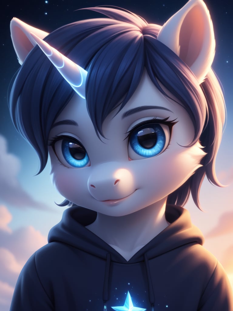 extreme detail, dynamic lighting, realistic, surreal, complex, 8k wallpaper, ultra 8k, stunning quality, defined features,
cute and adorable, detailed face, detailed eyes,
cute,

(Solo), (anthro, unicorn pony male:1.2), Shining Armor_(mlp), Moderate cerulean blue eyes, Moderate sapphire blue hair with moderate cerulean blue and dark phthalo blue streaks, Light Grey Fur, Moderate sapphire blue hooves, 
(baggy sweatshirt:1.2), tiny tongue, shortstack, 

nighttime, stars, galaxy, fluffy clouds,

view from below, looking at viewer, head tilt,
((headshot, closeup on face):1.2),