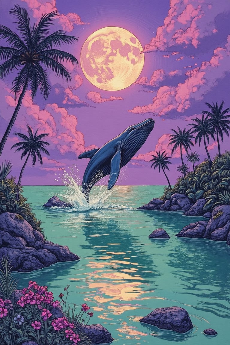 A whimsical scene in Yuko Shimizu's art style, Create high quality an image  a large whale is jumping from the sea, and water splash other way with such dramatic way, depicts a serene tropical landscape. The sky is painted with vibrant shades of purple, creating a warm and inviting atmosphere. This green hue is beautifully reflected in the calm body of water below, enhancing the tranquil feel of the scene. In the foreground. The purple sky is adorned with clouds and a large moon, adding depth and interest to the composition. The contrast between the bright sky and the darker silhouettes of the landscape elements creates a striking visual effect, the image evokes a sense of peace and tranquility, making it a perfect representation of a tropical paradise.