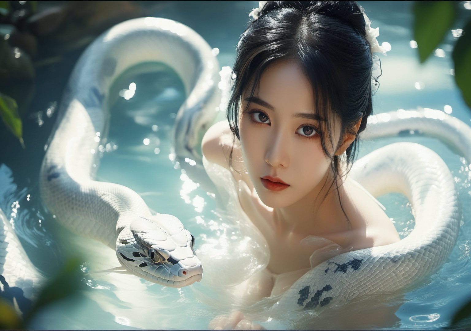 A beautiful Chinese girl in a lake, with long black hair, wearing Hanfu, and a huge white snake with blue snake eyes, very beautiful, Asian portrait, in line with the aesthetics of China people, facing the camera, full body, full body portrait, panoramic view, wallpaper, ultra-clear, best quality, best picture quality, 