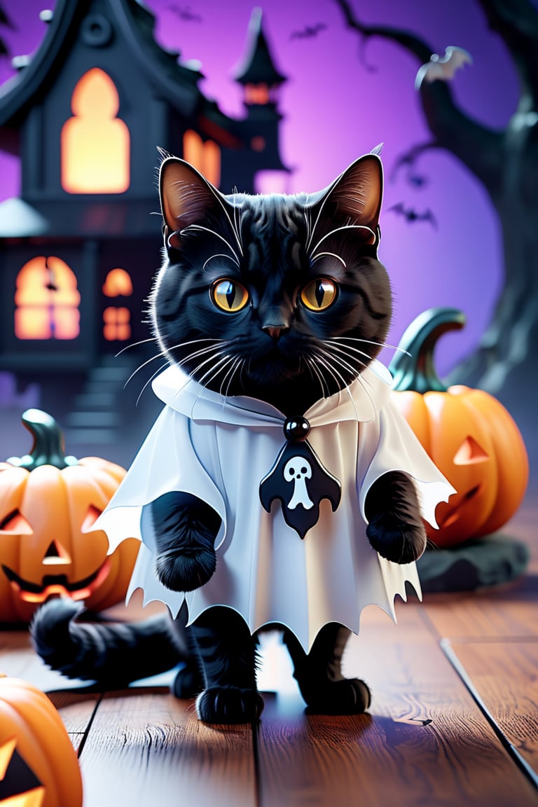 (Cute cube black fury cat wearing ghosts costume:1.3), (haunted house background:1.4), (Halloween decorations:1.4), (HALLOWEEN2024 text:1.4), 3D app icon, clean isometric design, beautiful design, soft gradient background, soft colors, centered, 3D blender render, masterpiece, best quality, high resolution, 8k octane render, beautiful color scheme, soft smooth lighting, physically based rendering, square image, high polycount, natural beauty