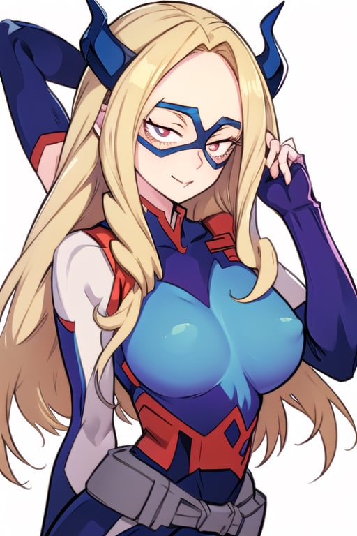 1girl, 
white background, blue theme, upper part of body, (waist-up shot:1.3), 
mount lady (my hero academia),mount_lady, domino mask, bodysuit, superhero, giantess, giant