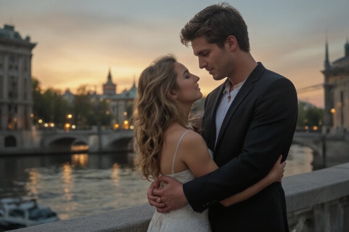 A tender moment unfolds beneath the grandeur of St. Petersburg's iconic bridge as a loving couple shares a romantic encounter. The soft glow of evening lights reflects off the water, casting a warm ambiance on the pair embracing the city's beauty. The woman's golden locks cascade down her back as she tilts her head in adoration, while her partner's strong arm wraps gently around her waist.,RAW,hourglass body shape