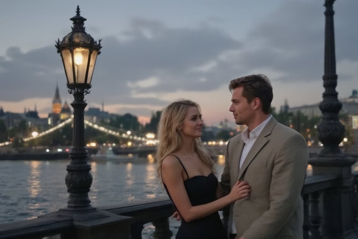 A tender moment unfolds beneath the grandeur of St. Petersburg's iconic bridge as a loving couple shares a romantic encounter. The soft glow of evening lights reflects off the water, casting a warm ambiance on the pair embracing the city's beauty. The woman's golden locks cascade down her back as she tilts her head in adoration, while her partner's strong arm wraps gently around her waist.,RAW,hourglass body shape