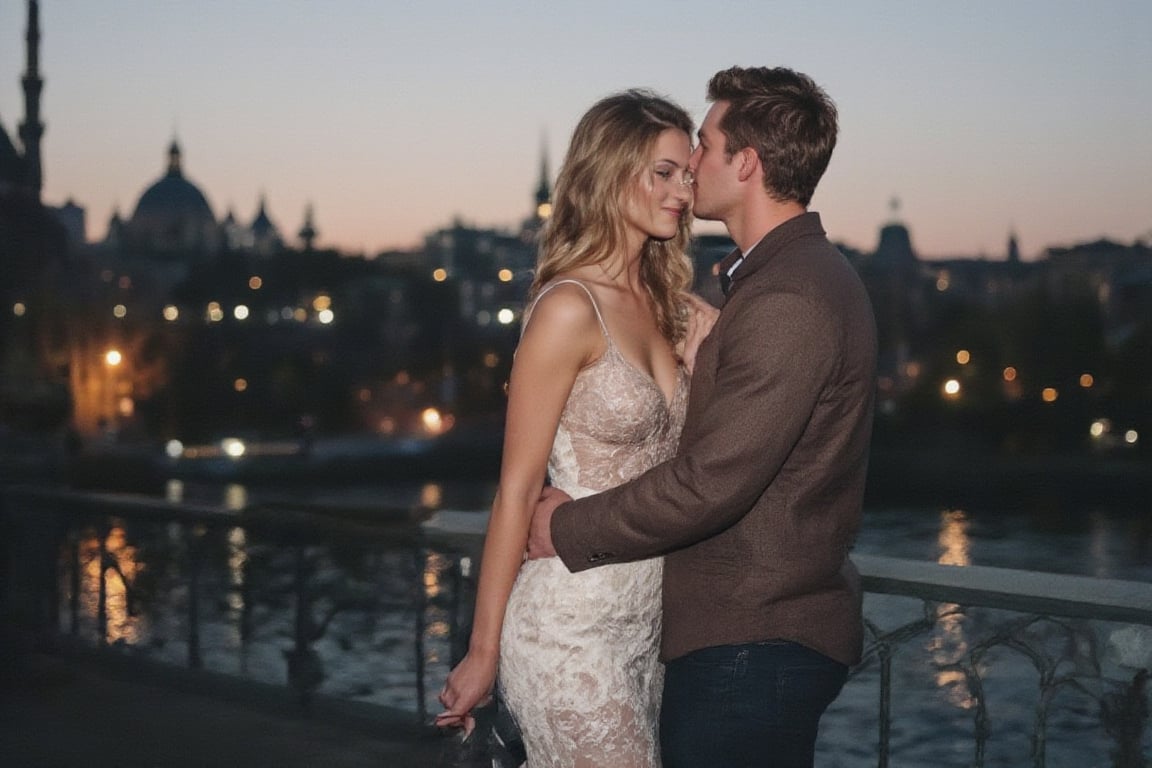 A tender moment unfolds beneath the grandeur of St. Petersburg's iconic bridge as a loving couple shares a romantic encounter. The soft glow of evening lights reflects off the water, casting a warm ambiance on the pair embracing the city's beauty. The woman's golden locks cascade down her back as she tilts her head in adoration, while her partner's strong arm wraps gently around her waist.,RAW,hourglass body shape